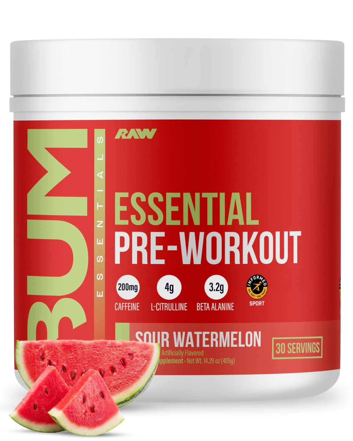 RAW Essential Pré-entraînement Sour Watermelon - Poudre: énergie durable et concentration avant séance.