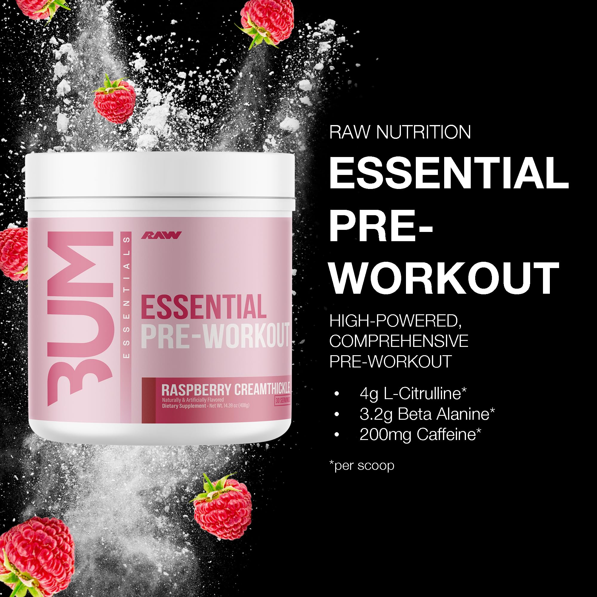 RAW Essential Pré-entraînement Raspberry Creamthickle, doseuse visible pour dosage précis et rapide.