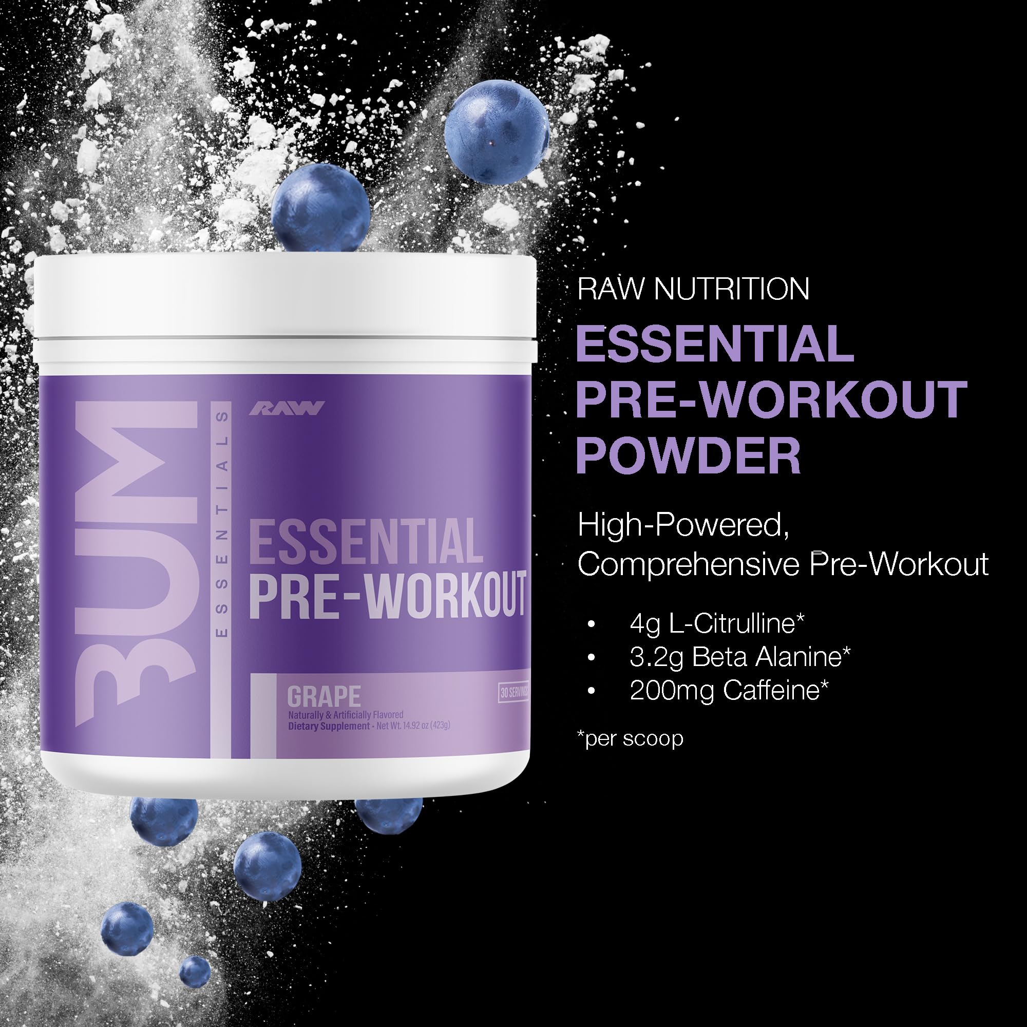Doseur versant RAW Essential Pre-Workout poudre raisin prêt à mélanger.