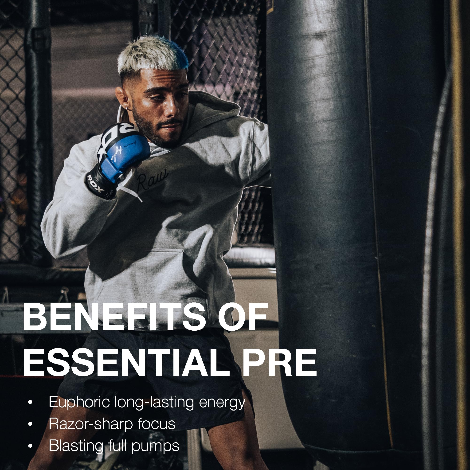 Étiquette RAW Essential Pre-Workout démontrant ingrédients et absence d’additifs artificiels.