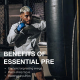 Étiquette RAW Essential Pre-Workout démontrant ingrédients et absence d’additifs artificiels.