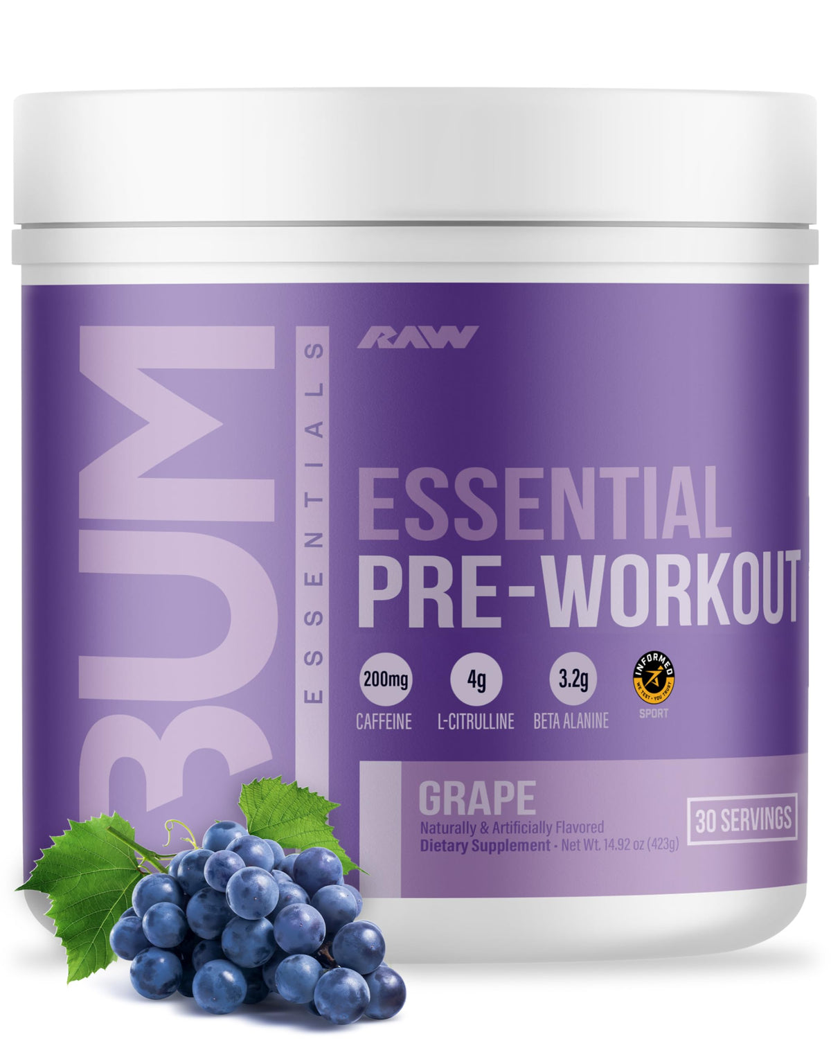 Emballage RAW Essential Pre-Workout raisin avec le logo et le nom du produit.