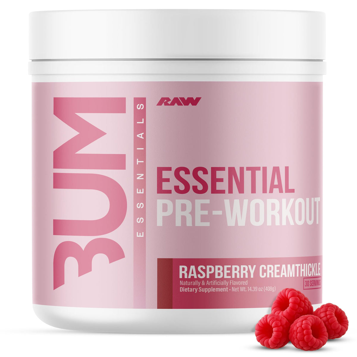 RAW Essential Pré-entraînement Raspberry Creamthickle, pot de poudre prête à mélanger pour énergie soutenue.