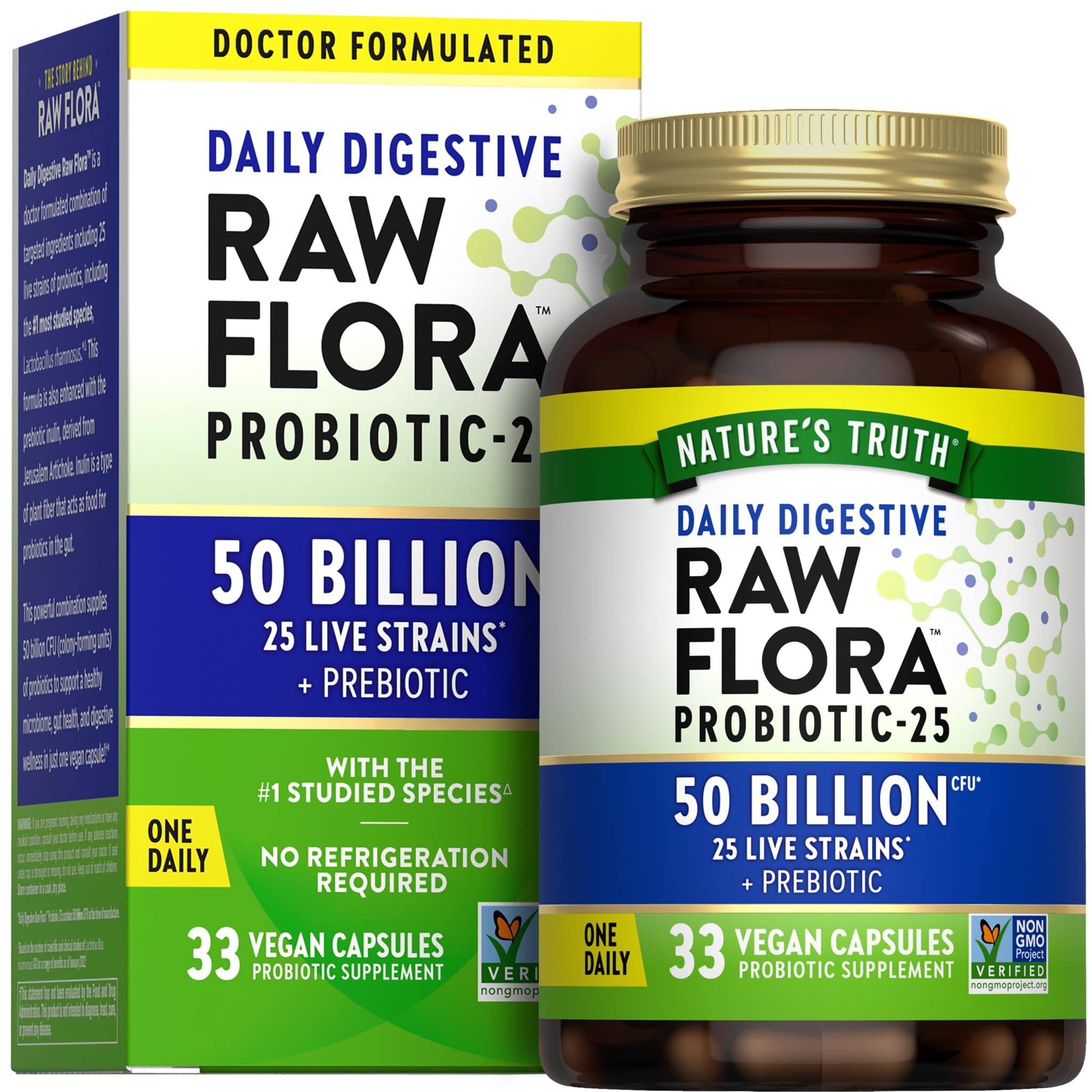 Raw Flora Probiotiques dans bouteille en verre ambré protégeant les probiotiques
