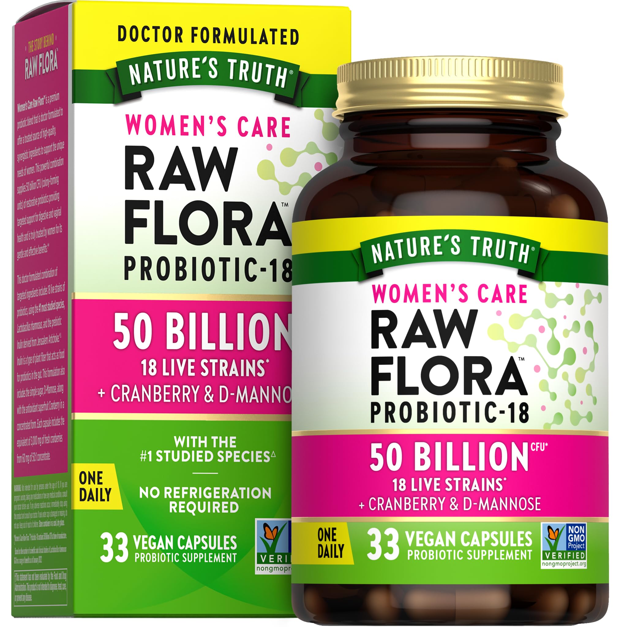 Raw Flora Probiotiques pour Femmes – Bouteille élégante prête à l'emploi, soutien digestif potentiel.
