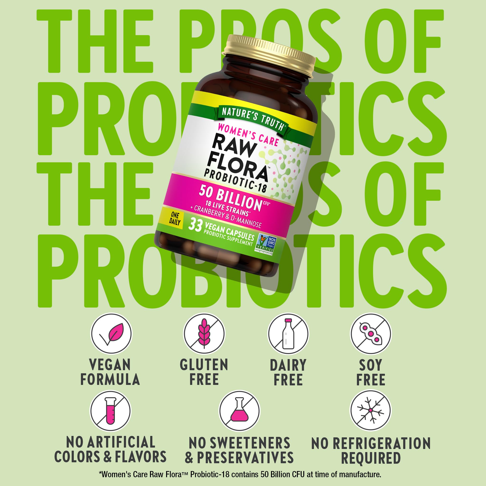 Étiquette claire de Raw Flora Probiotiques pour Femmes sur le flacon.