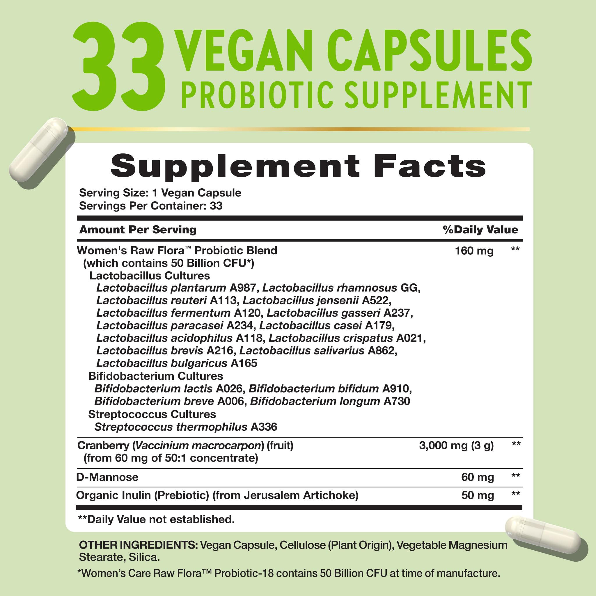 Capsules Raw Flora Probiotiques pour Femmes faciles à avaler, usage quotidien.