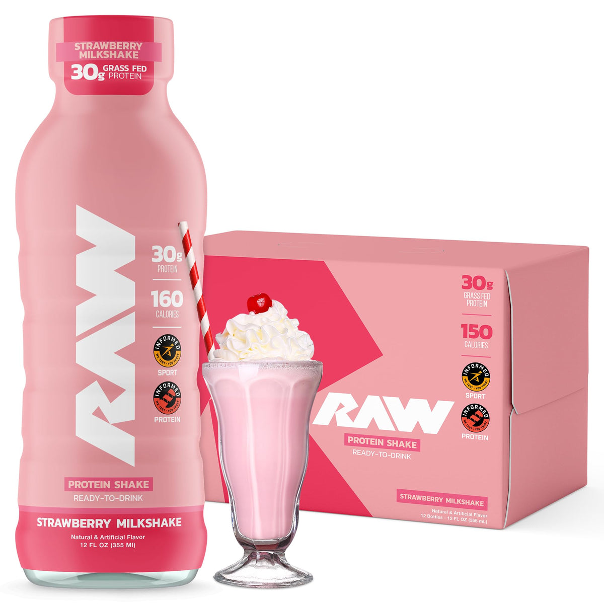 RAW Fraise prêt-à-boire en bouteille, riche en protéines pour récupération après entraînement.