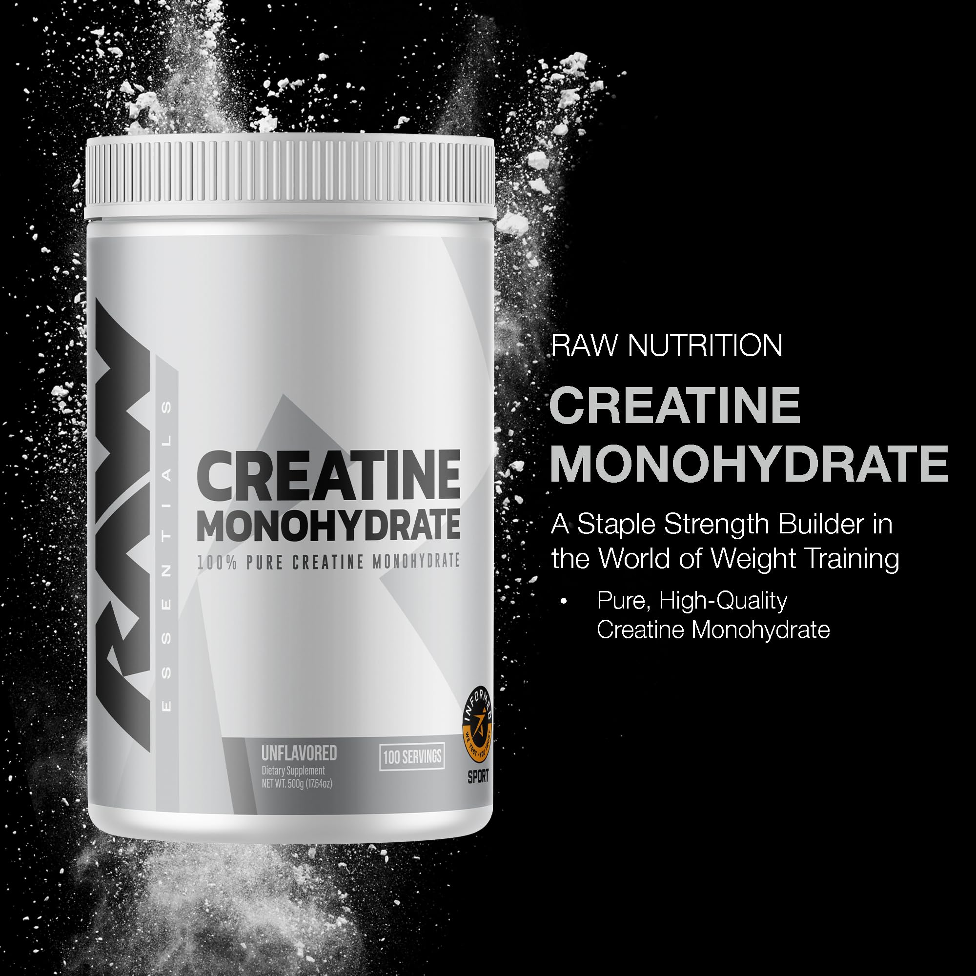 Doseur sur RAW Nutrition Creatine Monohydrate, mesurant facilement la poudre pour dosages constants.