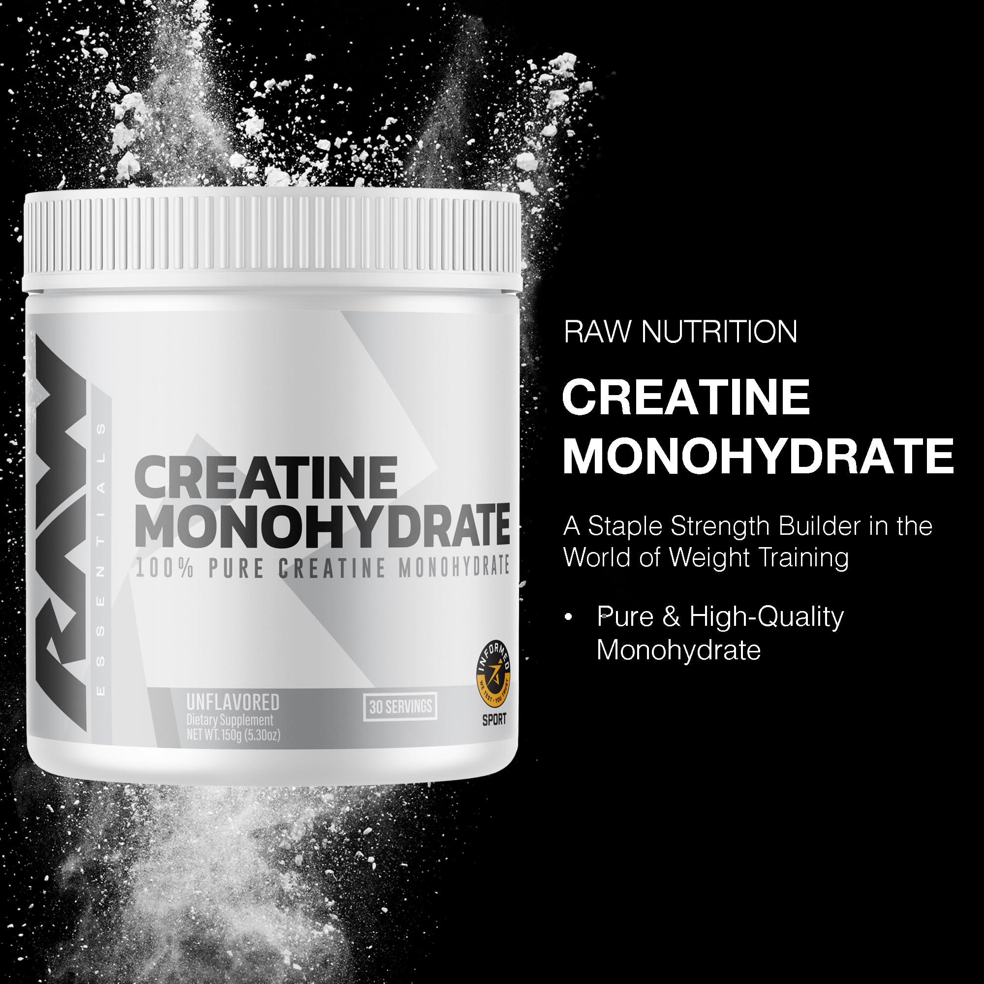 Étiquette RAW Nutrition Creatine Monohydrate montrant pureté et absence d’additifs.