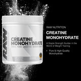 Étiquette RAW Nutrition Creatine Monohydrate montrant pureté et absence d’additifs.