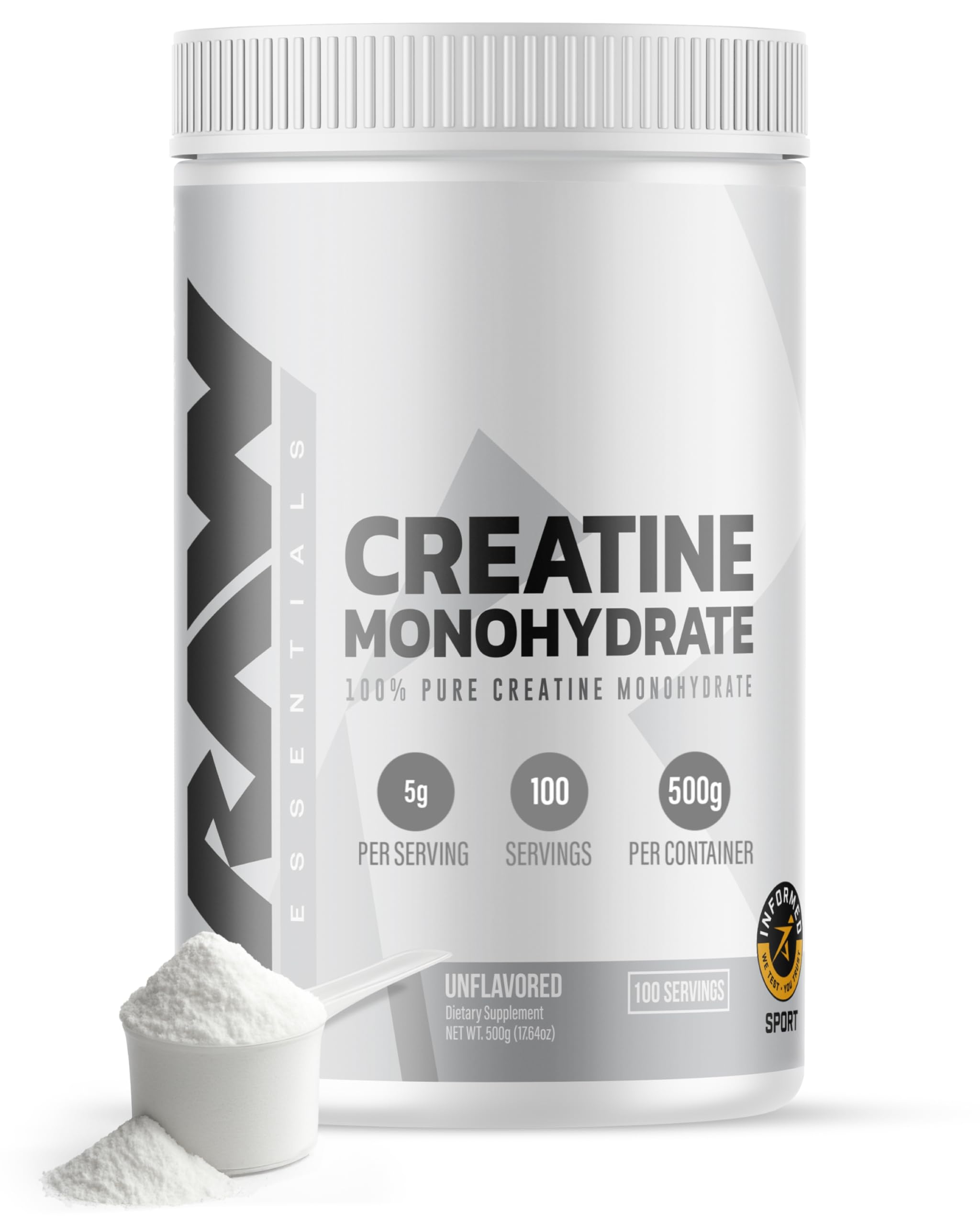 Bouteille RAW Nutrition Creatine Monohydrate, poudre pure pour soutenir l’endurance et la force.
