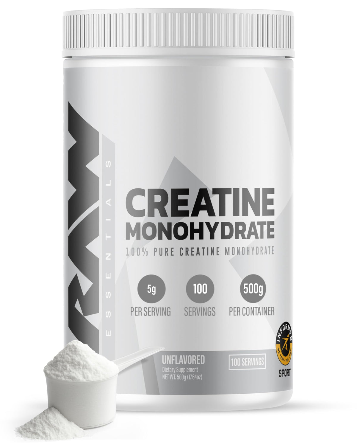 Bouteille RAW Nutrition Creatine Monohydrate, poudre pure pour soutenir l’endurance et la force.