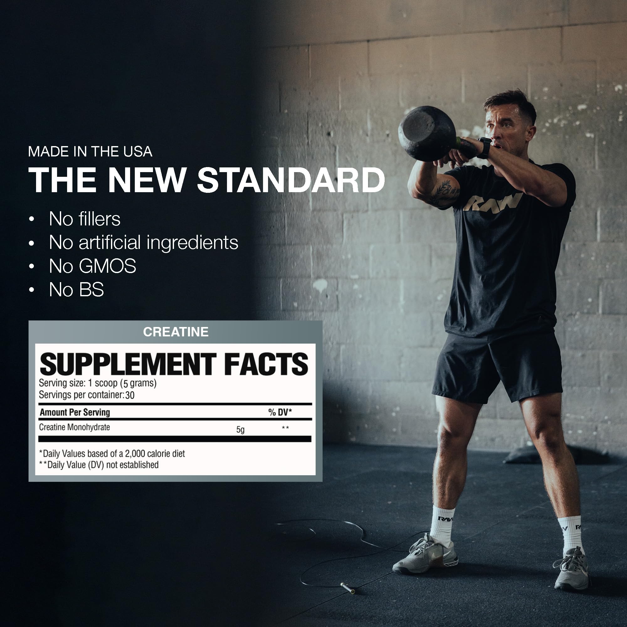 Poudre neutre RAW Nutrition Creatine Monohydrate sans goût ajouté.