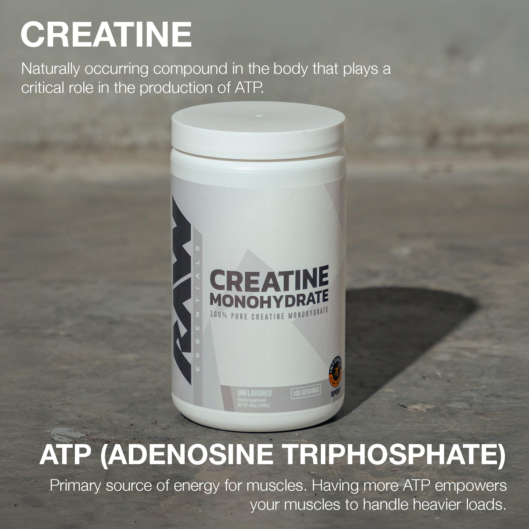 Poudre naturelle RAW Nutrition Creatine Monohydrate, préparation rapide avant l’entraînement.