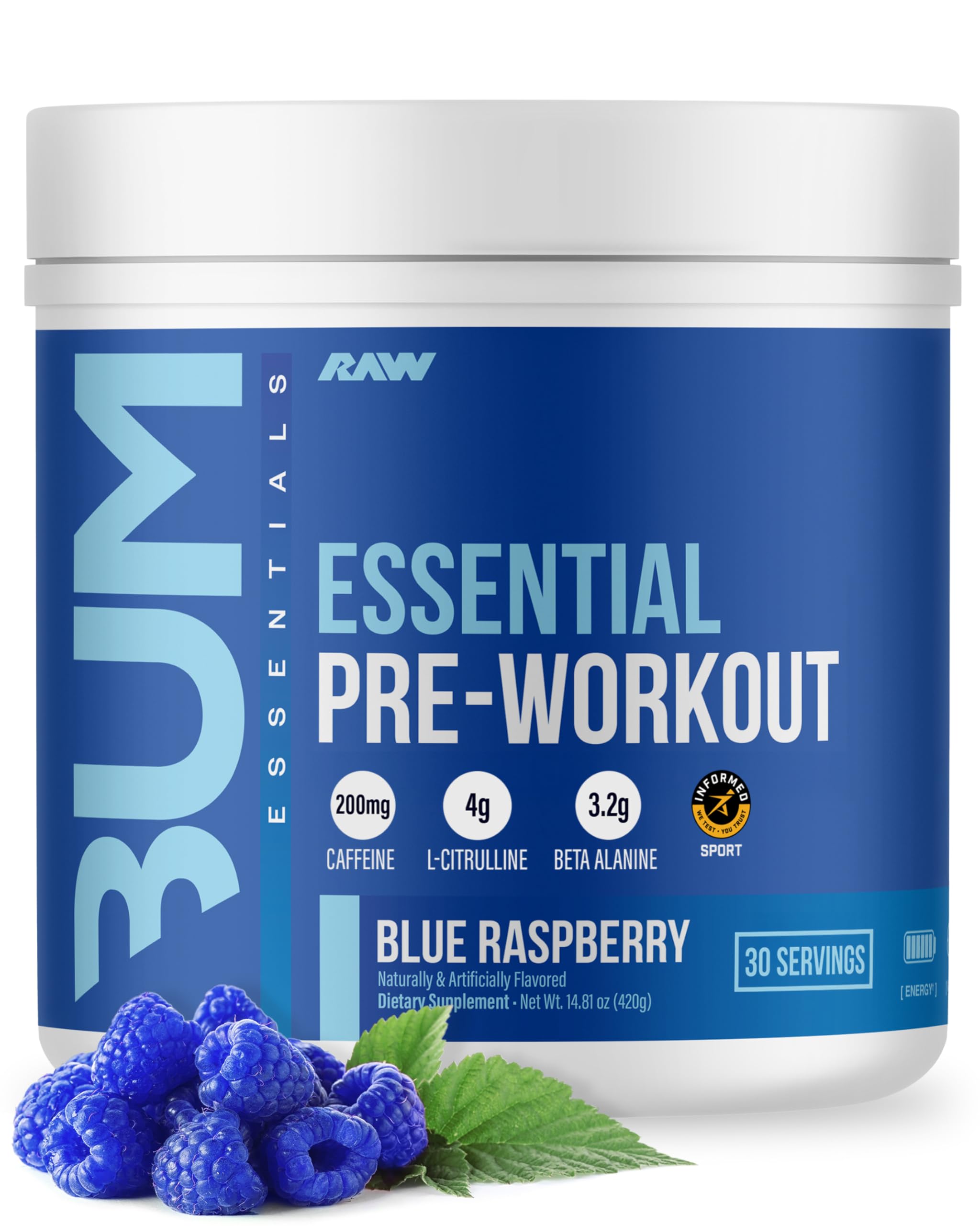 RAW Nutrition Essential Pre – saveur Framboise Bleue, énergie pré-entraînement.