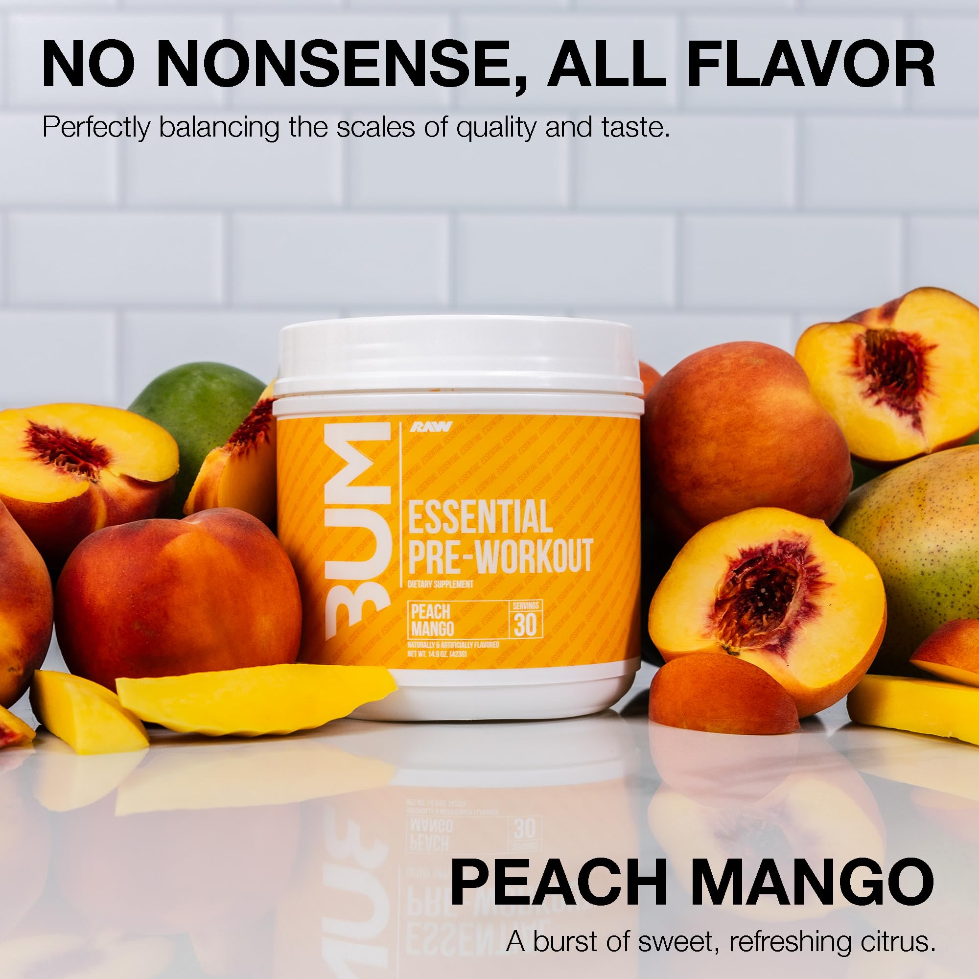 RAW Essential Pre mélange Peach Mango dans un verre