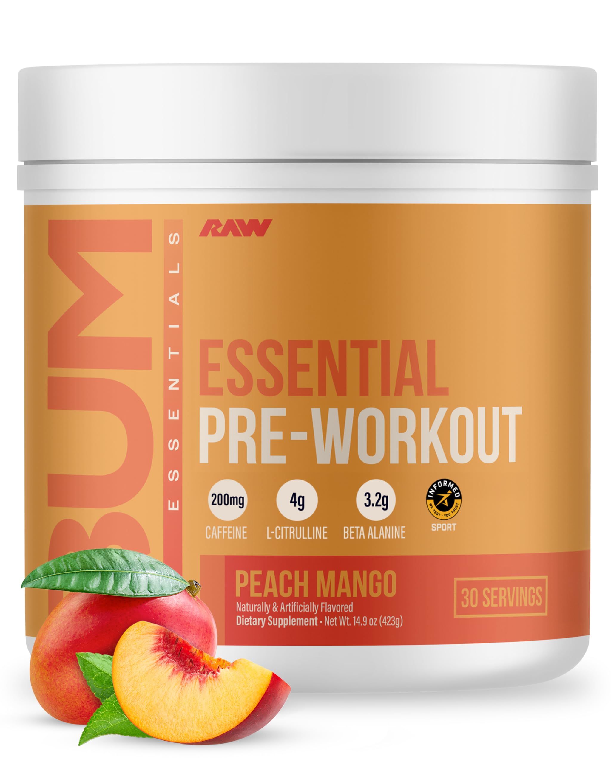 RAW Essential Pre poudre Peach Mango pour énergie pendant l'entraînement