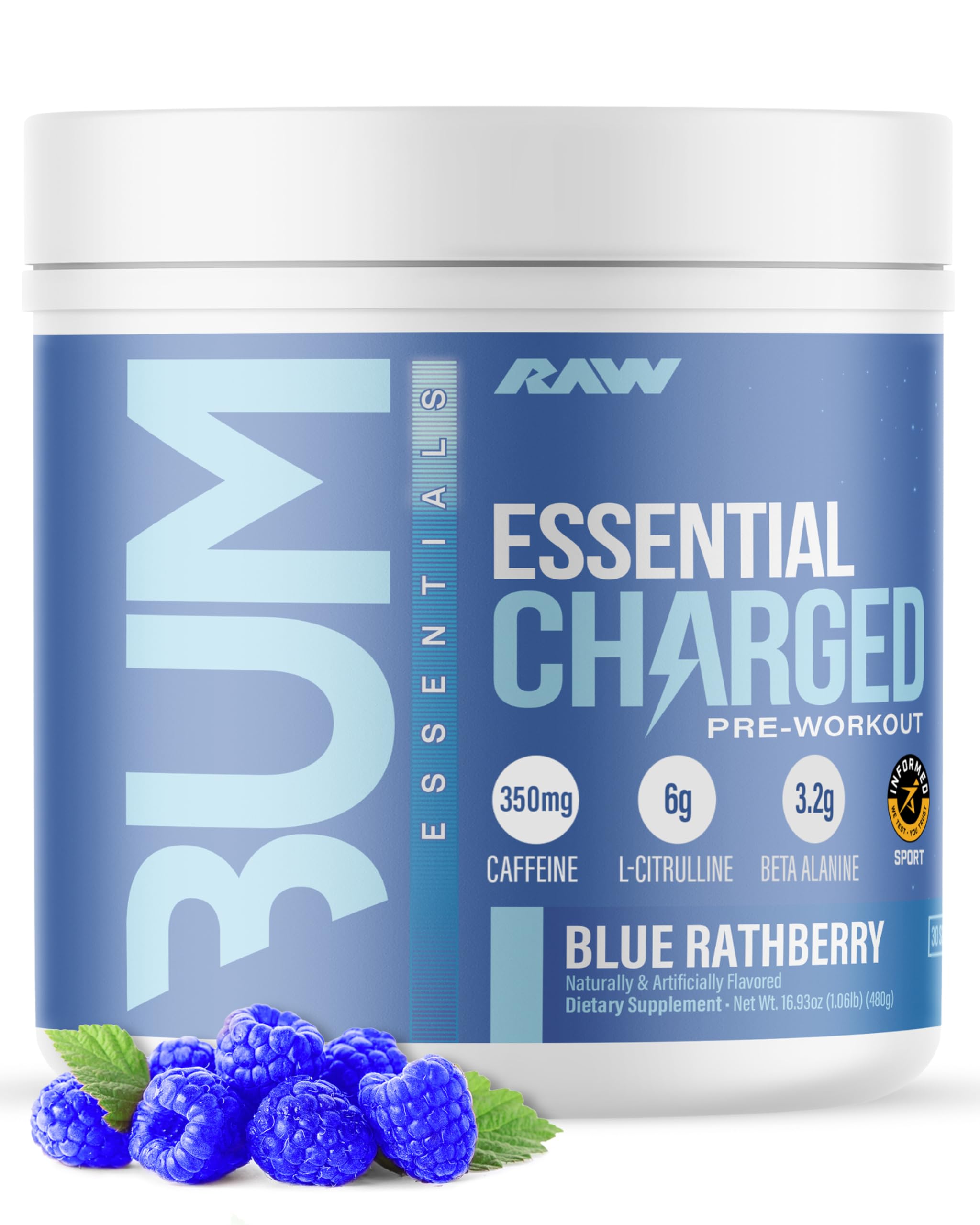 Poudre RAW pré-entraînement – focus et énergie potentielle grâce à la saveur framboise bleue.