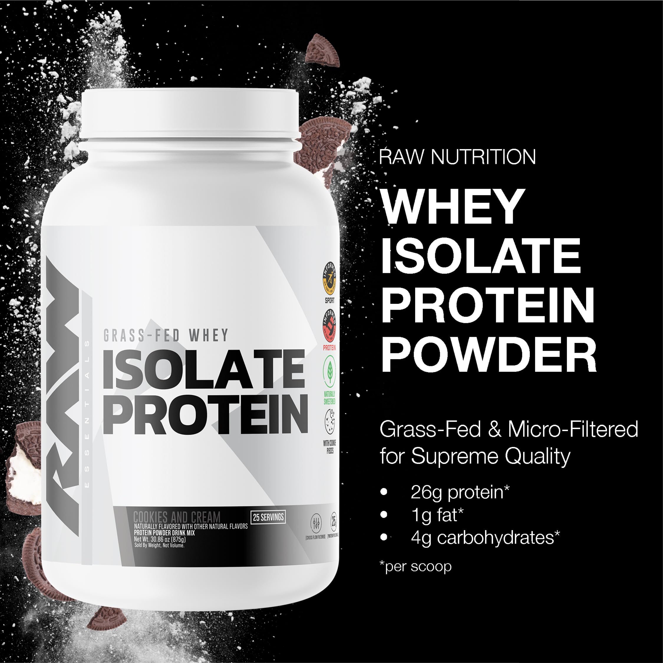 RAW isolat protéique de lait, goût biscuit-crème, scoop inclus.