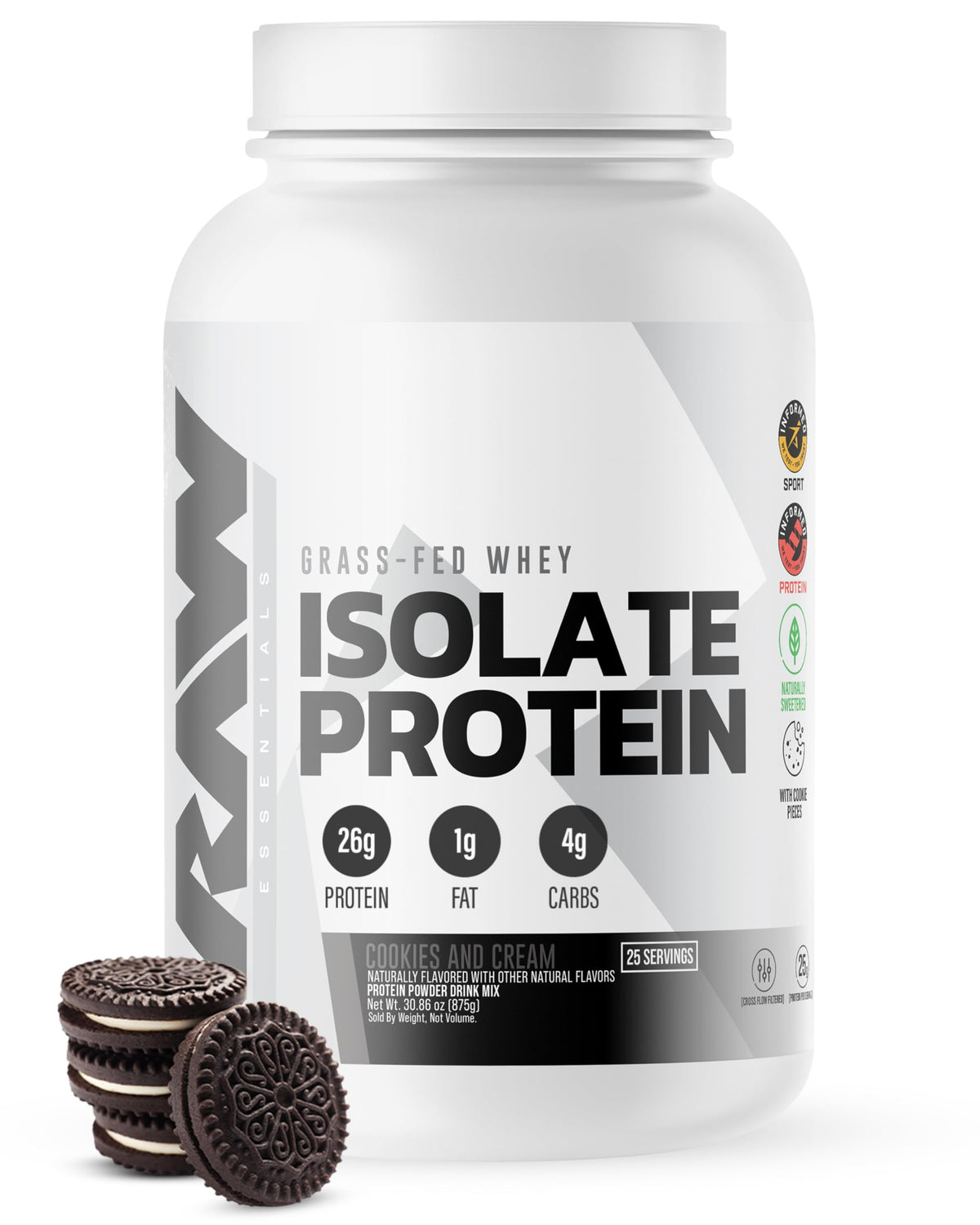 RAW isolat protéique de lait, goût biscuit-crème, pot idéal pour la récupération.