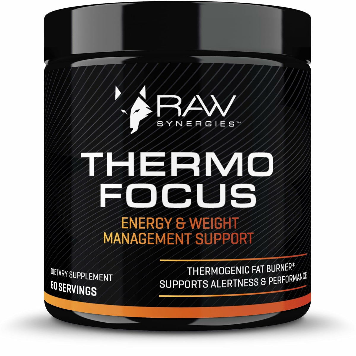 Thermo Focus de Raw Synergies, bouteille en cours de versement, énergie durable et concentration.