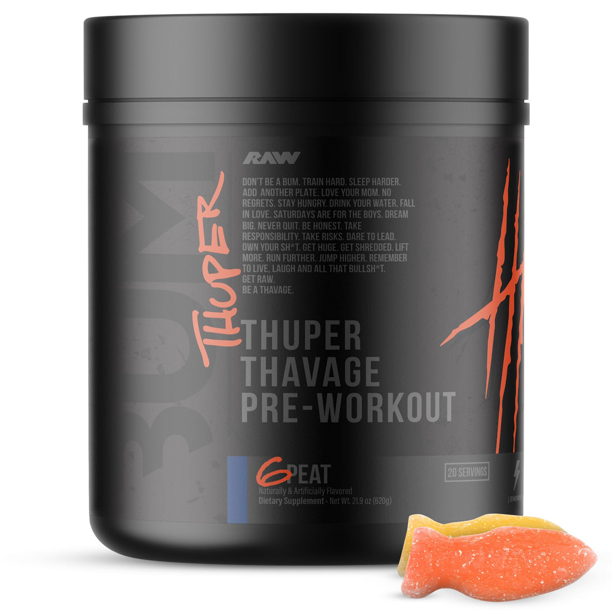 RAW Thuper Thavage 6 Peat – Bouteille avec bonbon rouge, énergie pré-entraînement durable