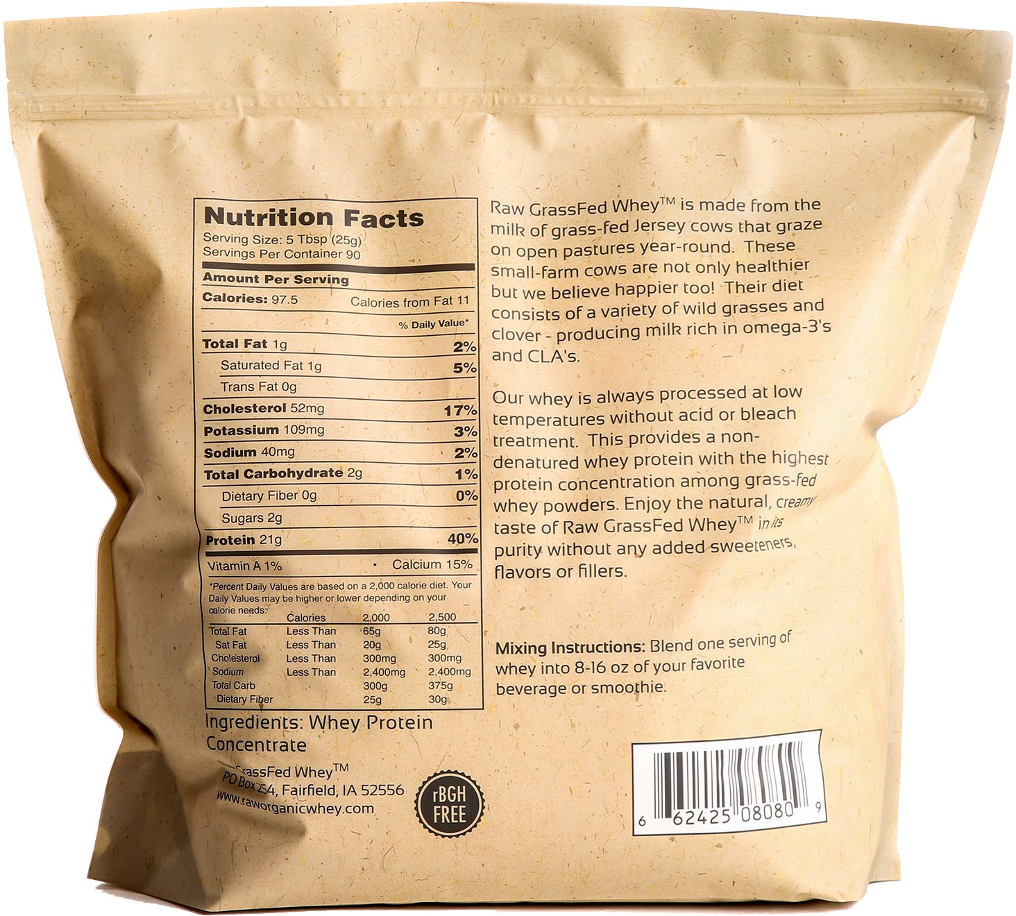 Raw Organic Whey — fermes familiales aux États-Unis sans hormones ni antibiotiques.