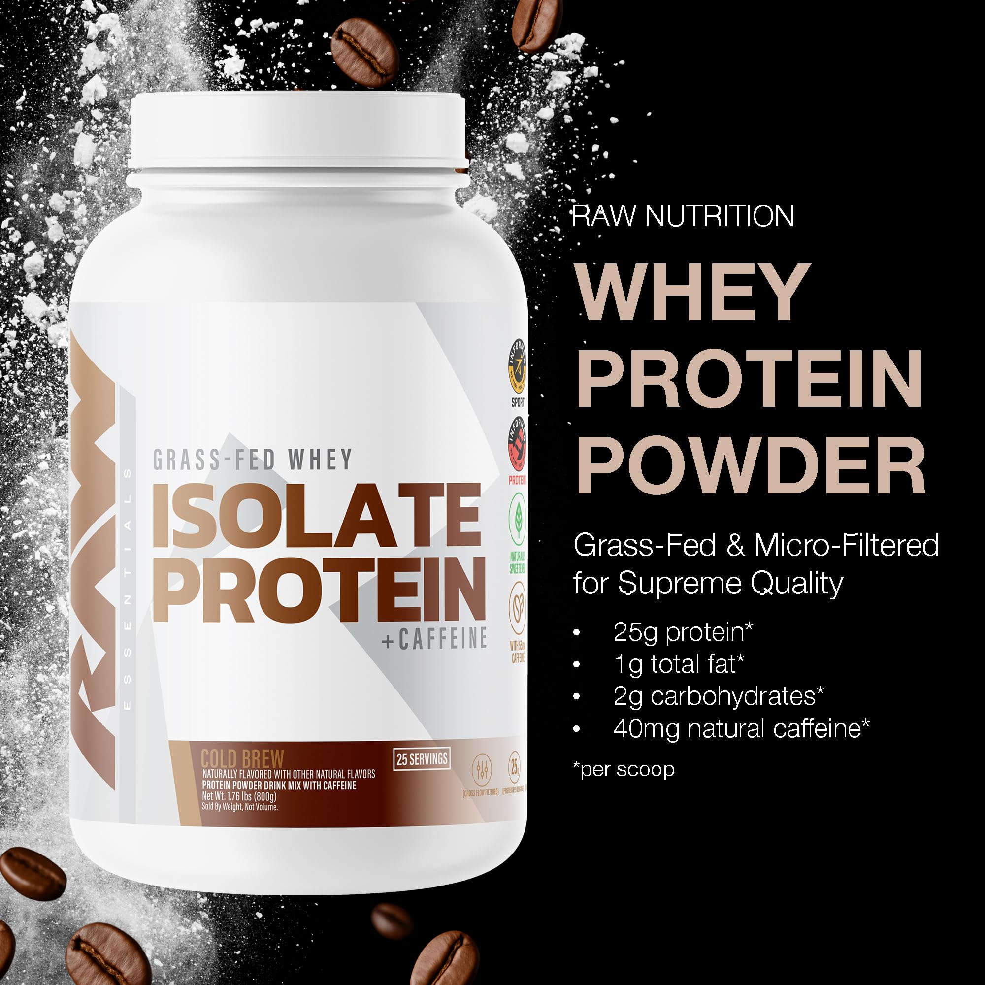 RAW Whey Isolate Cold Brew avec doseuse, pratique pour composer votre shake