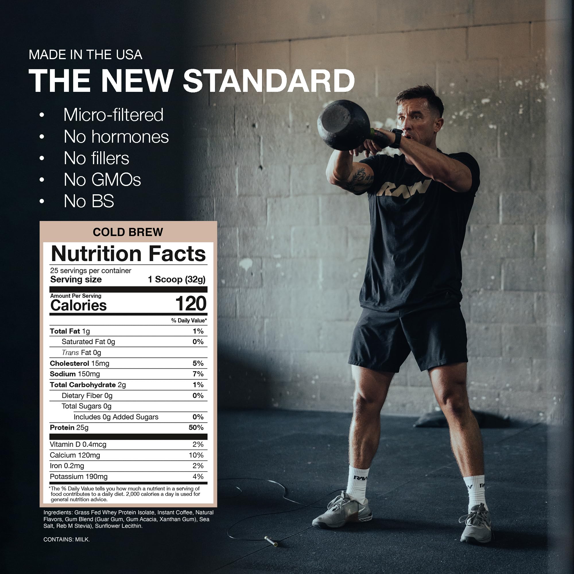 RAW Whey Isolate Cold Brew avec étiquette produit, référence qualité et traçabilité