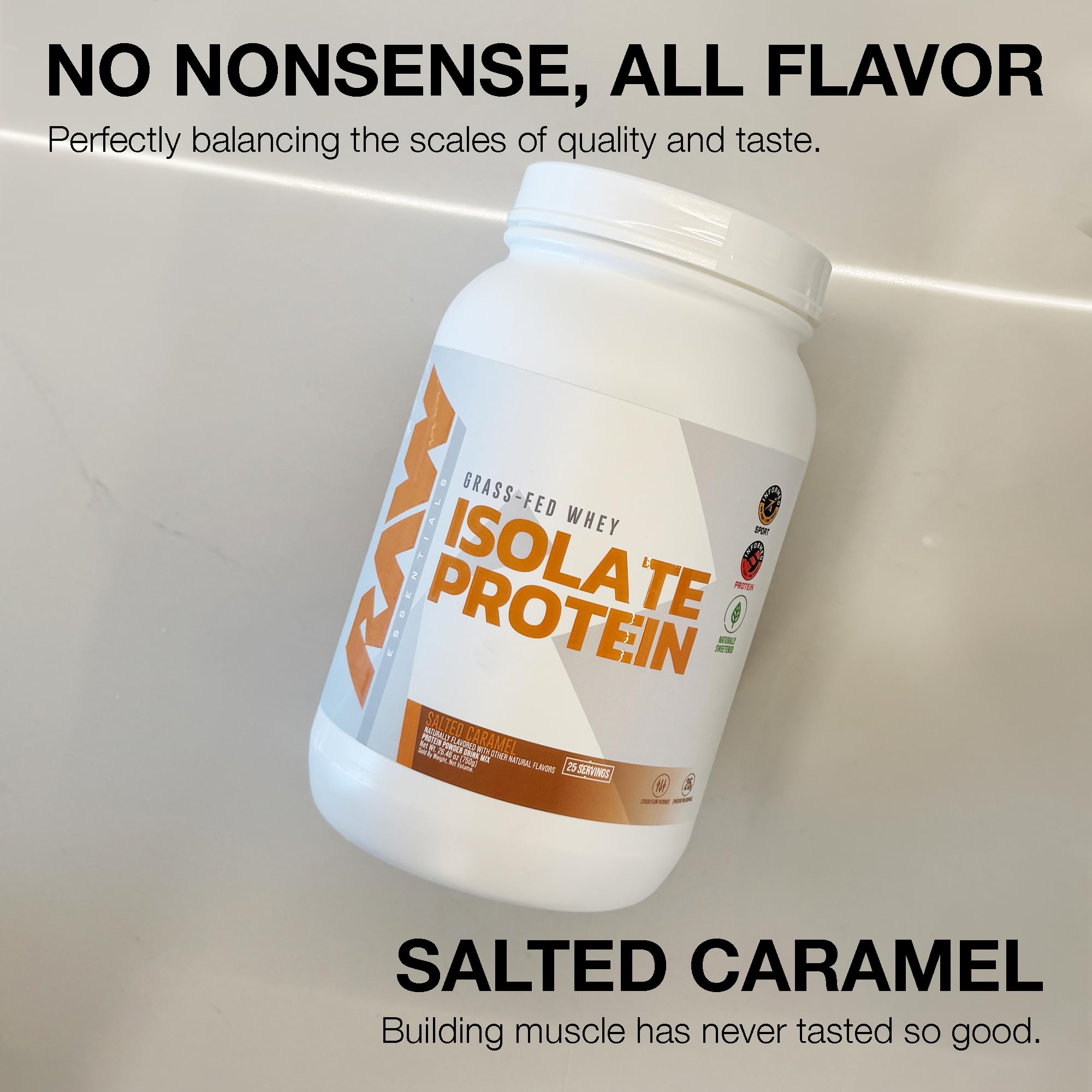 RAW Whey Isolate Sel Caramel — dose précise dans la dosette, pratique à emporter.