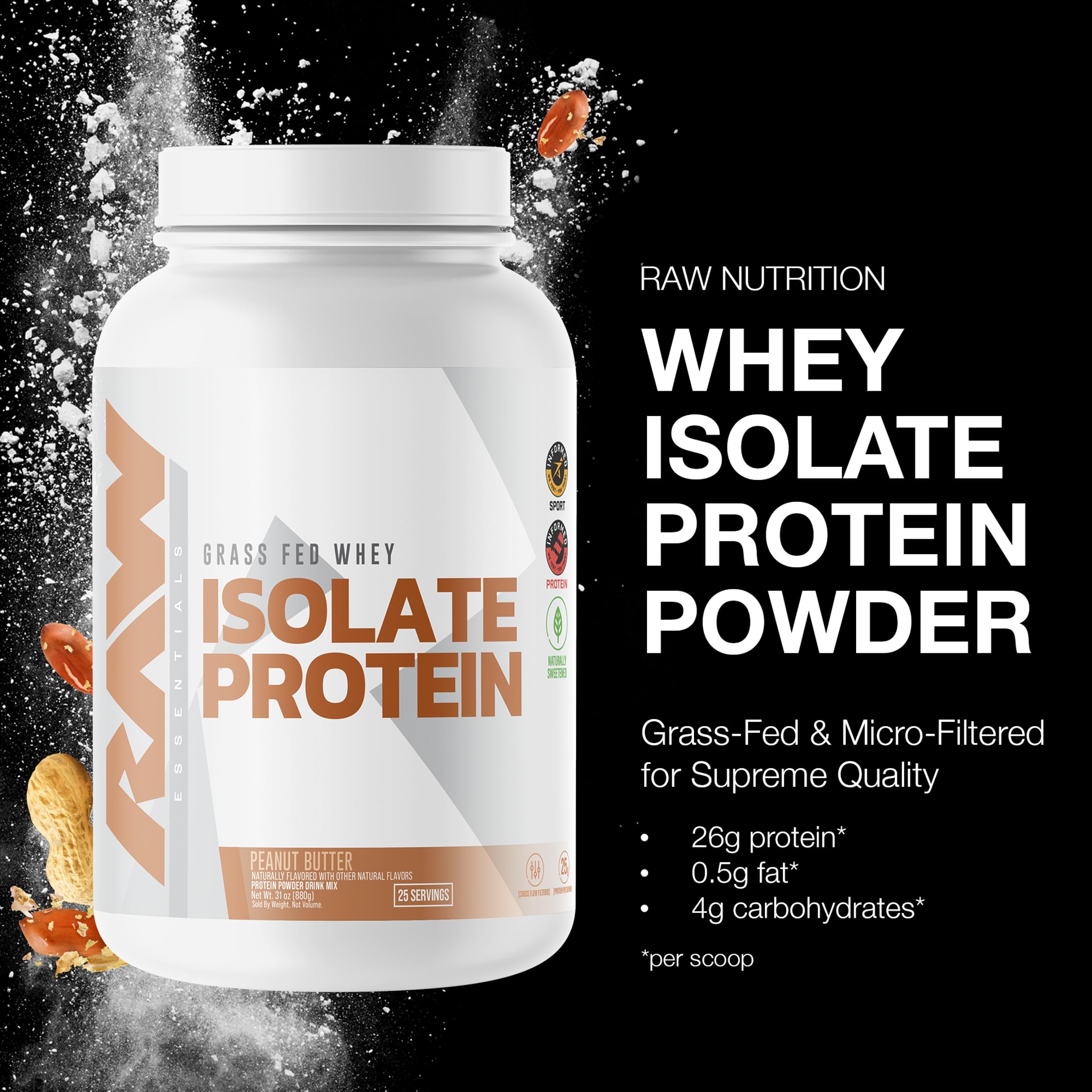 RAW Whey Isolate emballage, 25 portions, source pratique de protéines après l’entraînement.