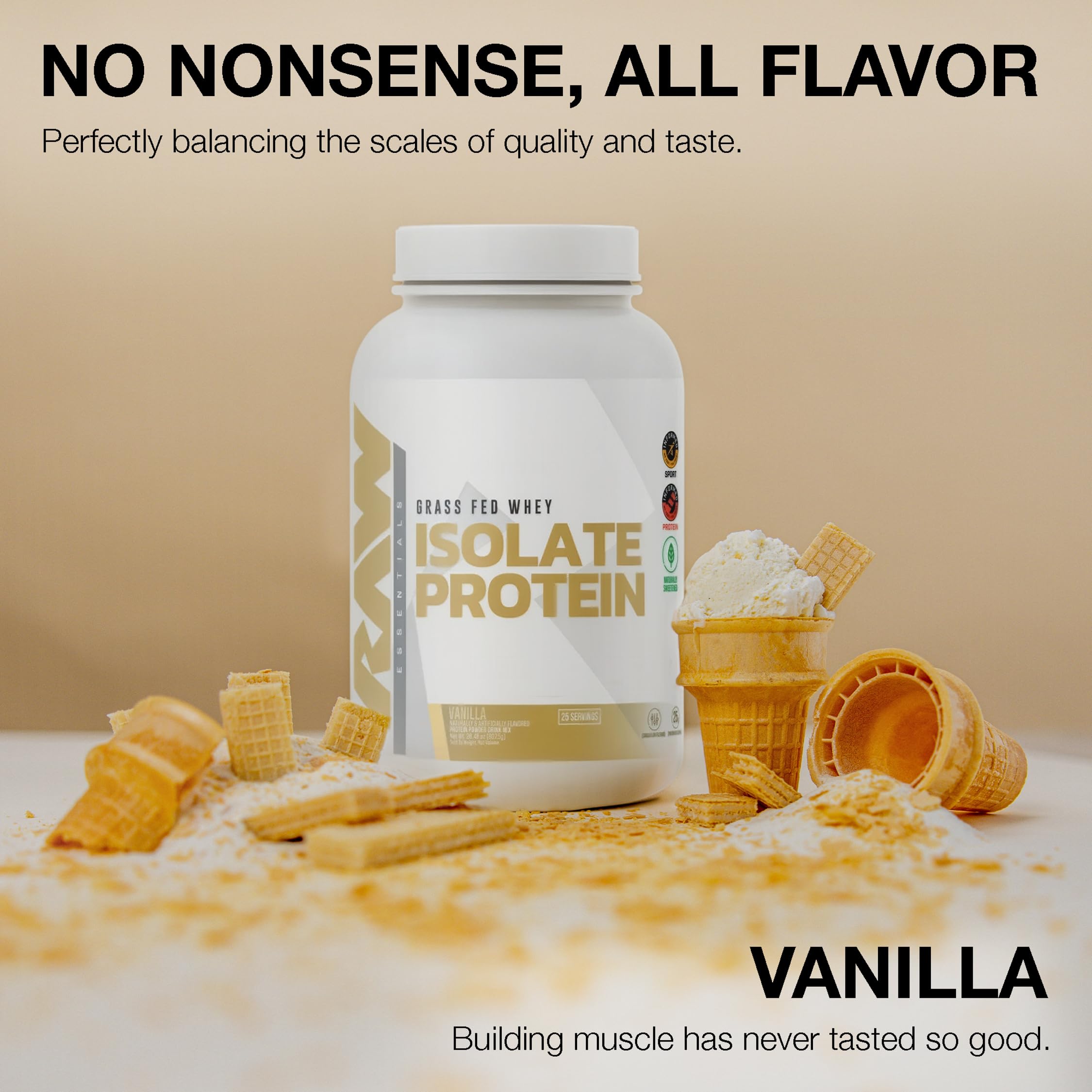 Cuillère-dose RAW Whey Isolate Vanille montrant une dose de 25 g.