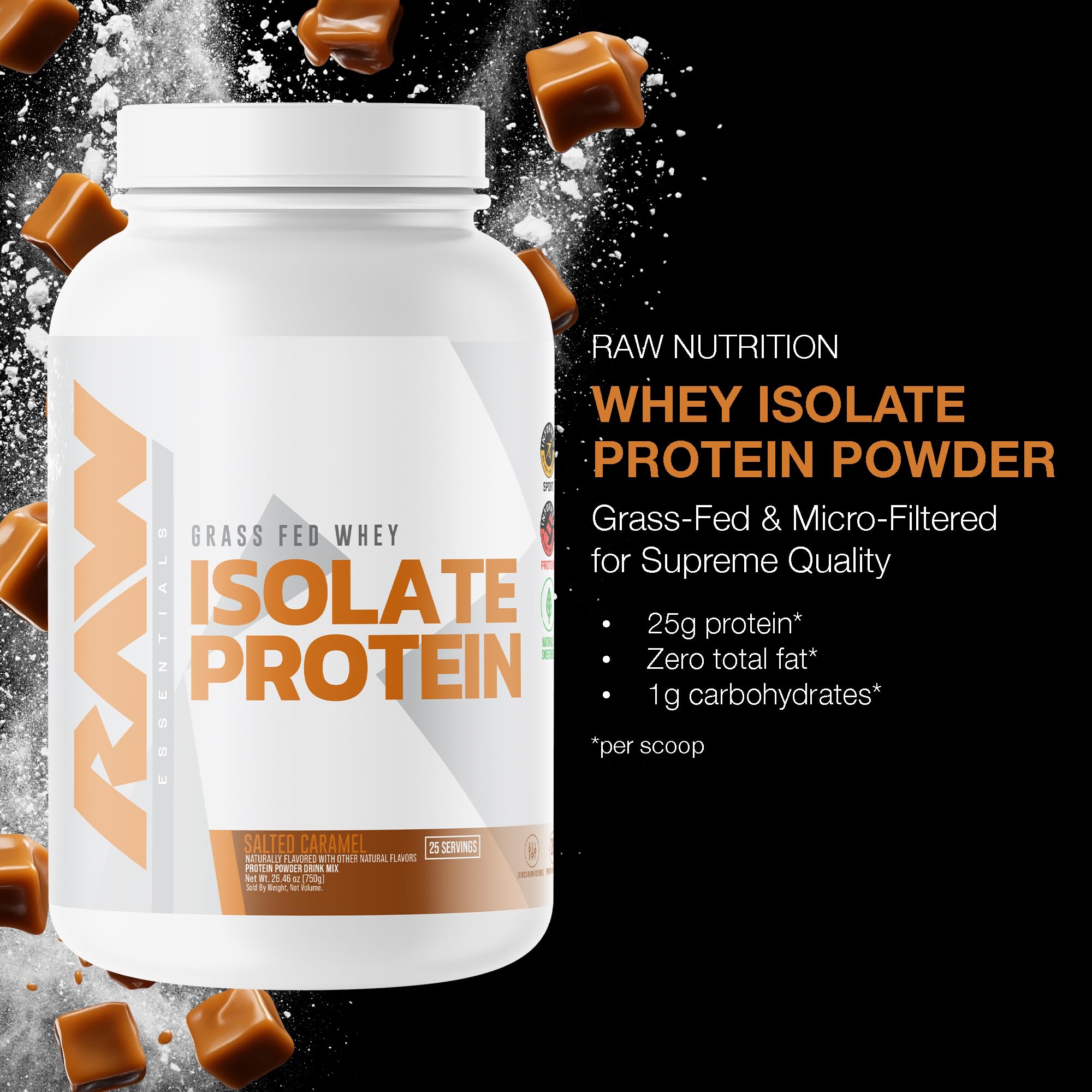 RAW Whey Isolate Sel Caramel — verre et mélange facile, goût gourmand.