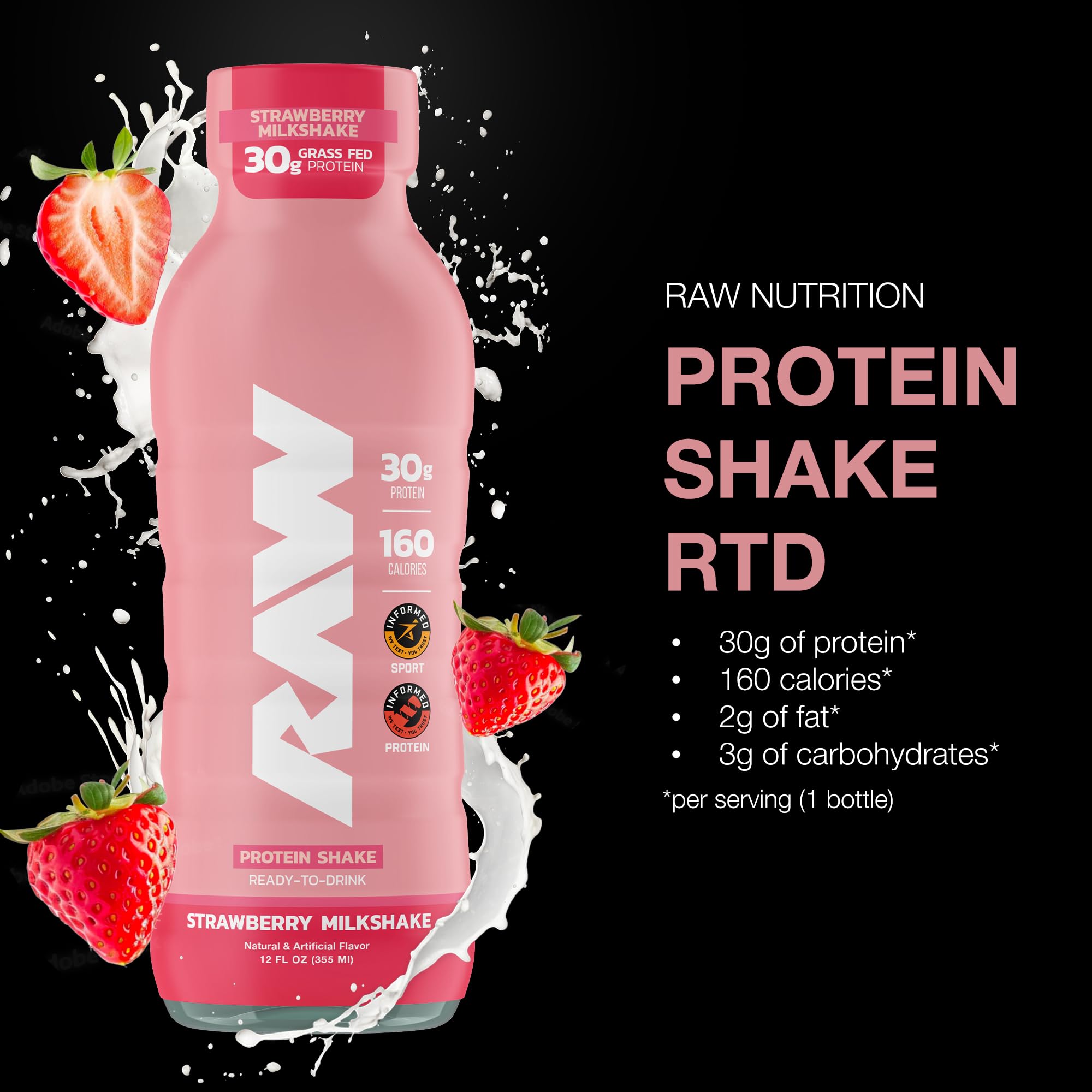 RAW Protéine whey nourrie à l’herbe, sans gluten et sans sucre ajouté dans une bouteille.