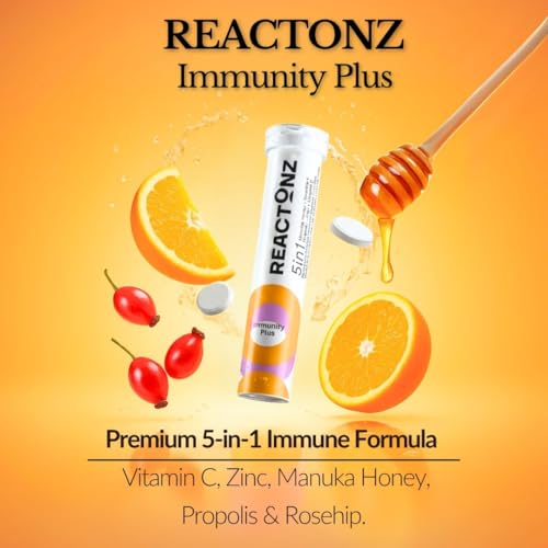 REACTONZ Immunité Plus se dissout dans l'eau pour une boisson orange rafraîchissante.