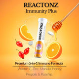 REACTONZ Immunité Plus se dissout dans l'eau pour une boisson orange rafraîchissante.