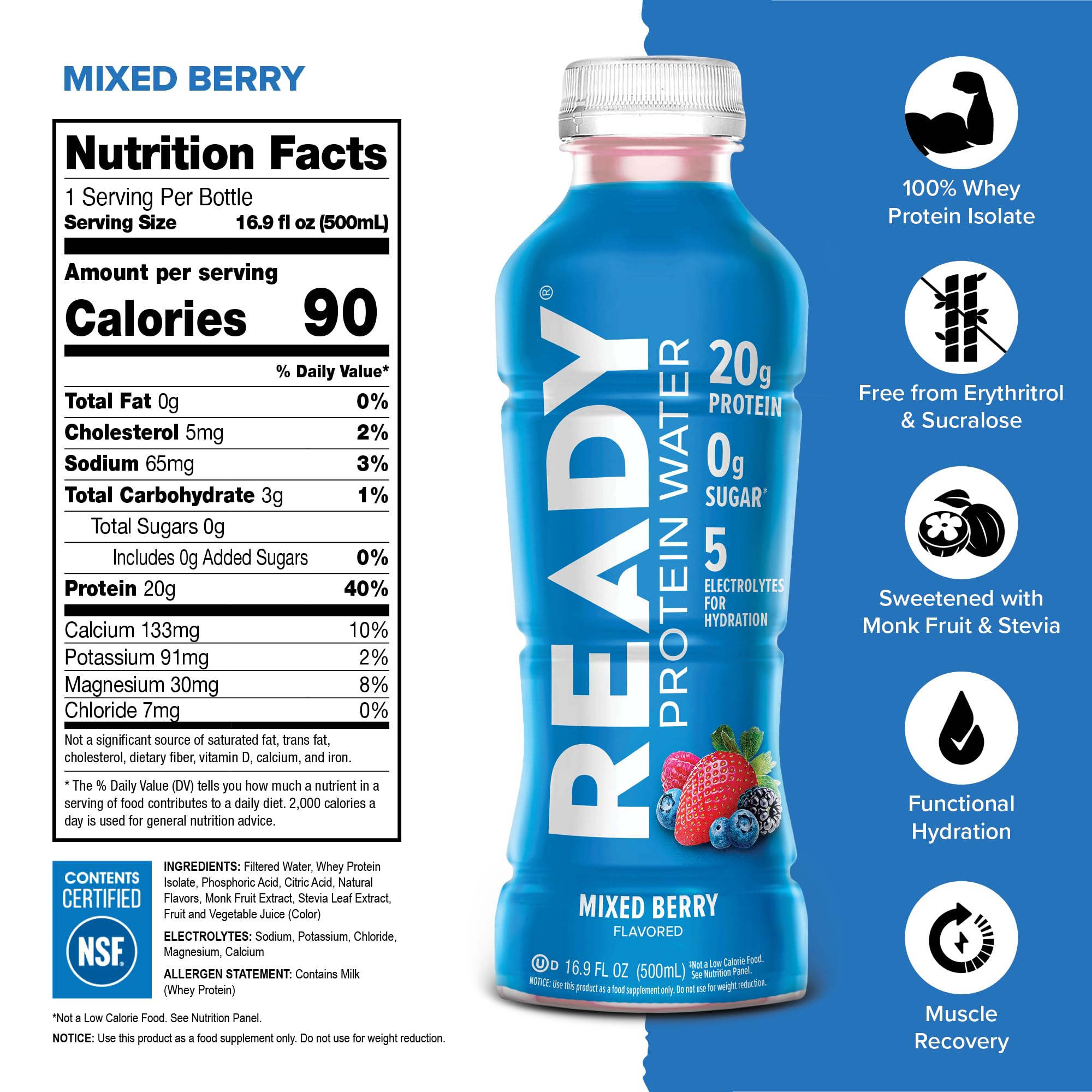 Ready Clear Protein Water, verse dans un verre, hydratation et énergie.