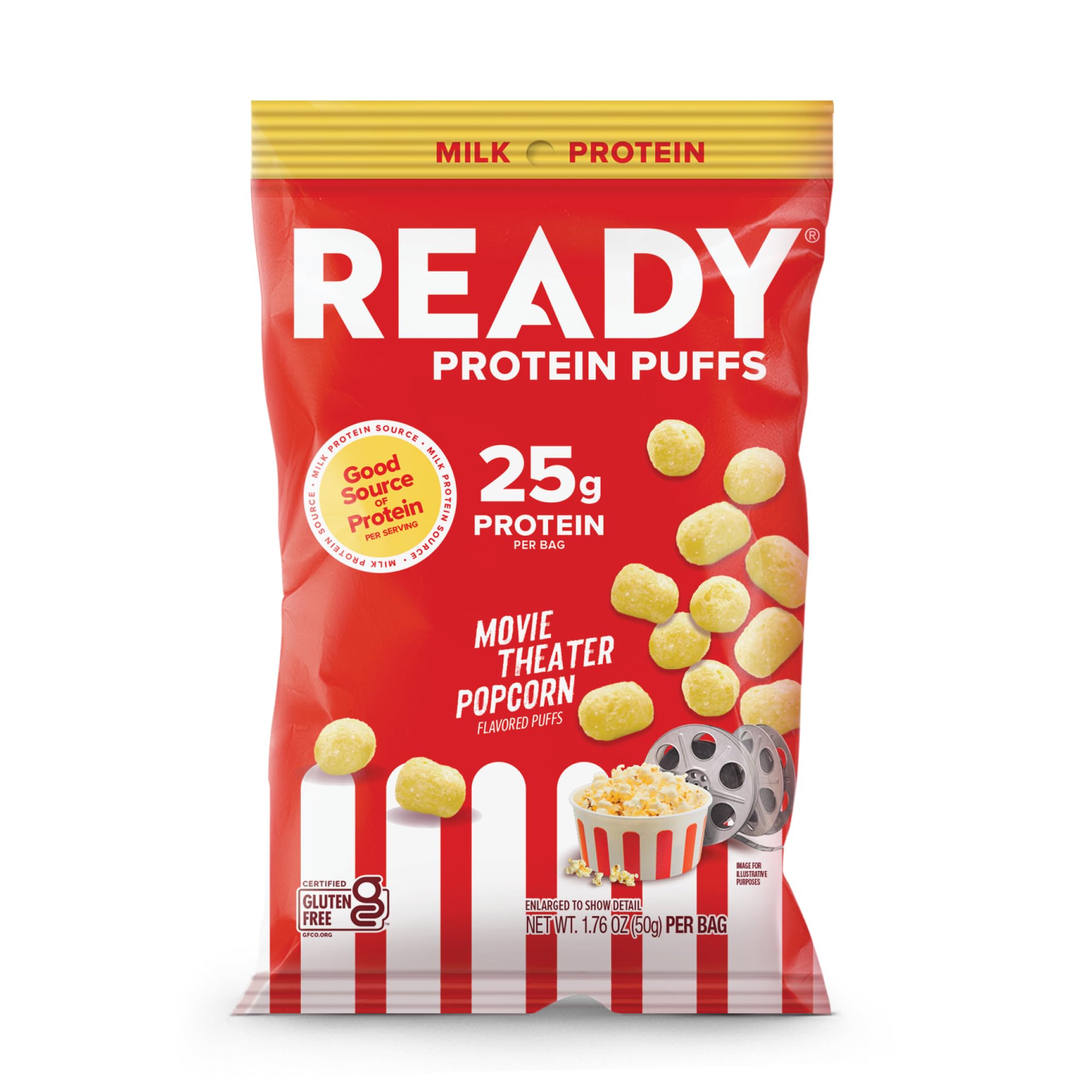Ready Protein Puffs emballage principal, collation protéinée pratique pour les pauses.