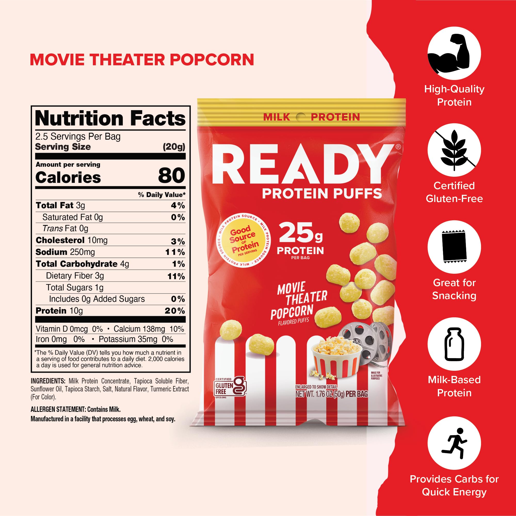 Ready Protein Puffs portion 2,5 onces, savourez une collation légère et gourmande.