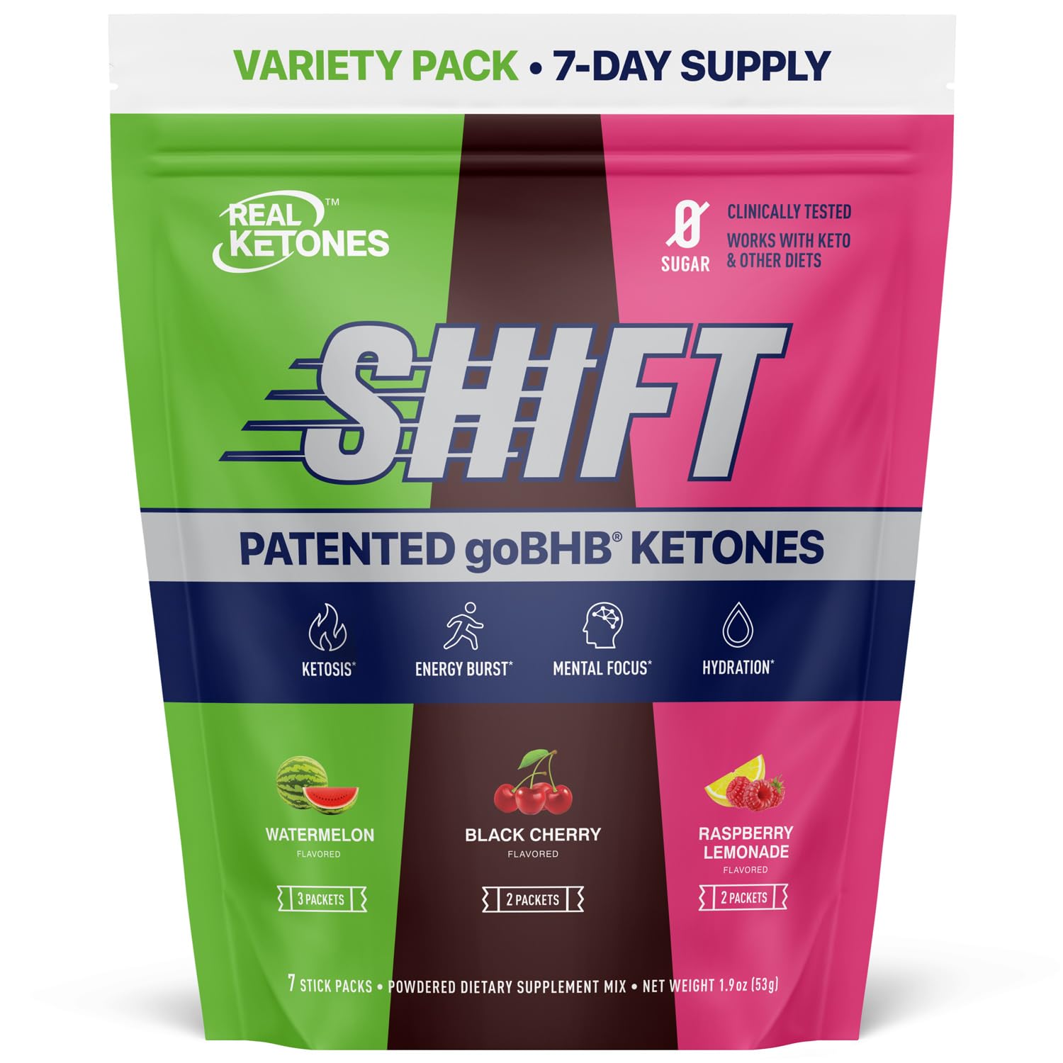 Real Ketones BHB boisson en sachets à mélanger, énergie soutenue sans sucre.