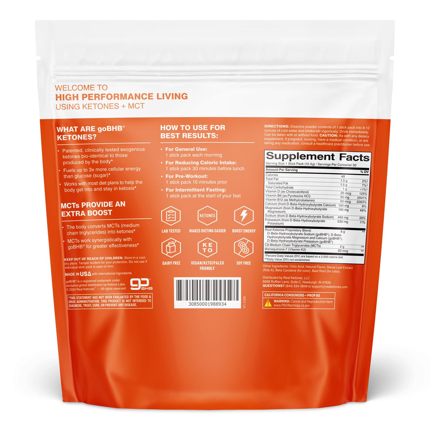 Électrolytes Real Ketones en poudre, mise en évidence des quatre électrolytes principaux.