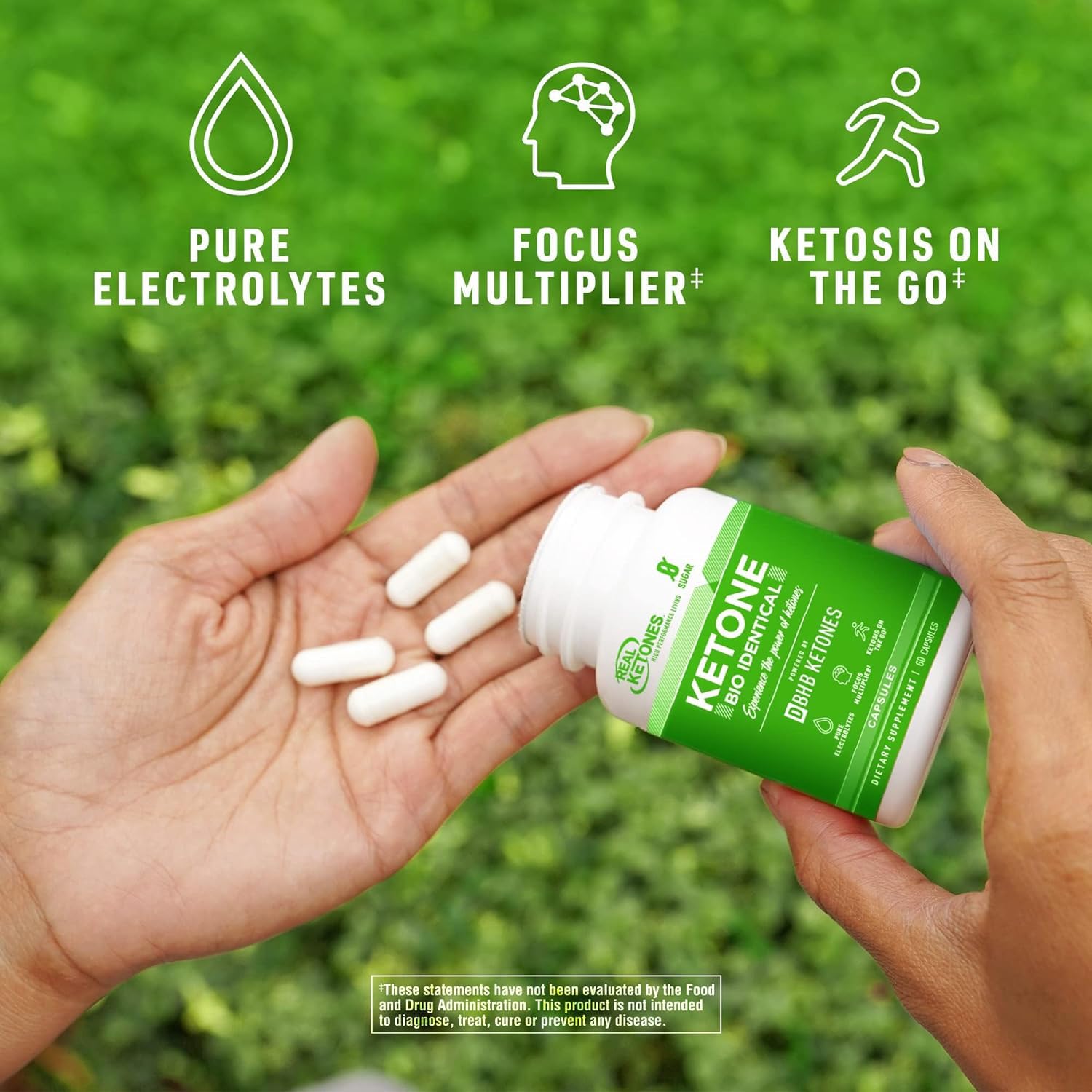 Real Ketones Keto BHB Sels Capsules — étiquette claire avec informations sur les cétones et électrolytes