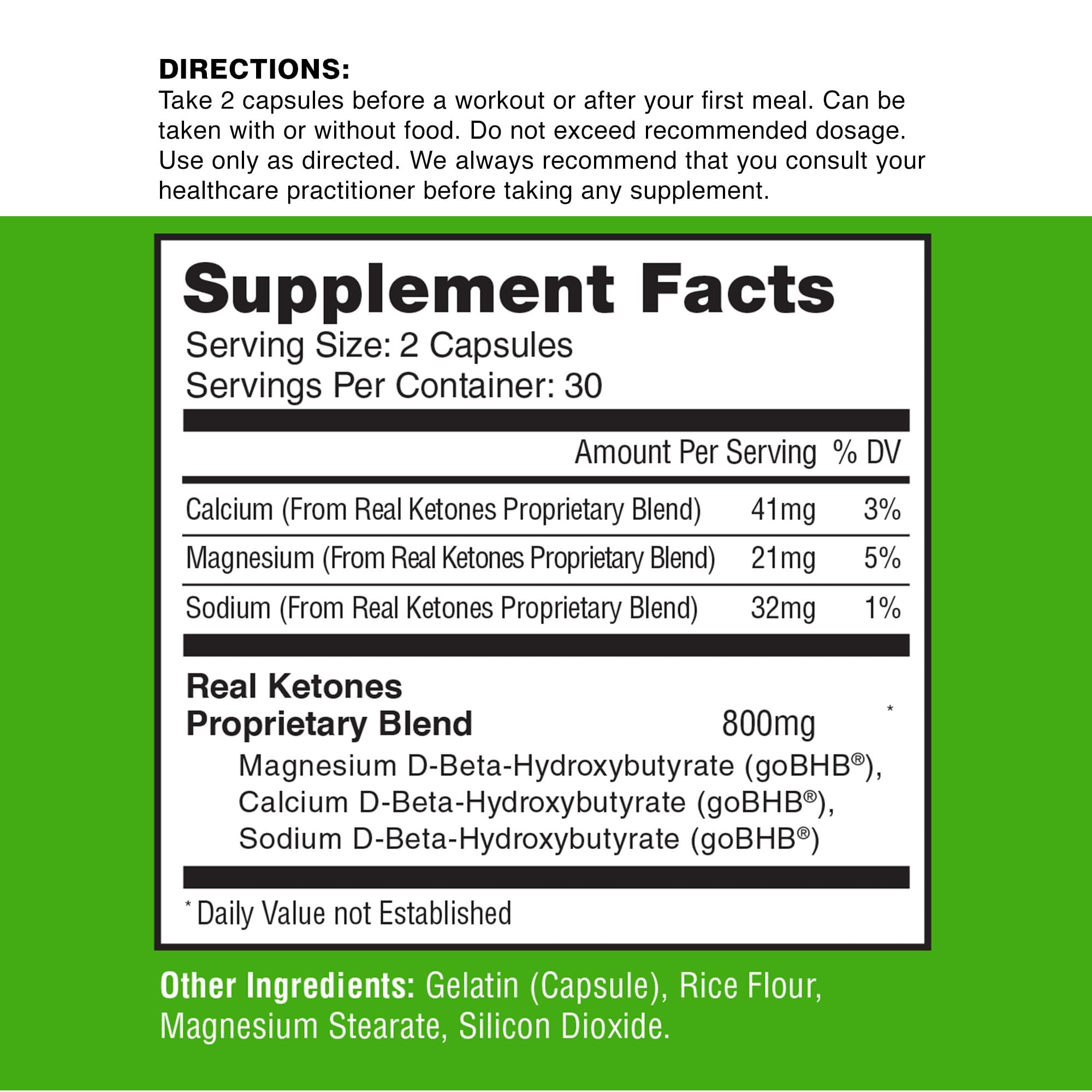 Real Ketones Keto BHB Sels Capsules — présentation sur plan de travail, usage avant entraînement