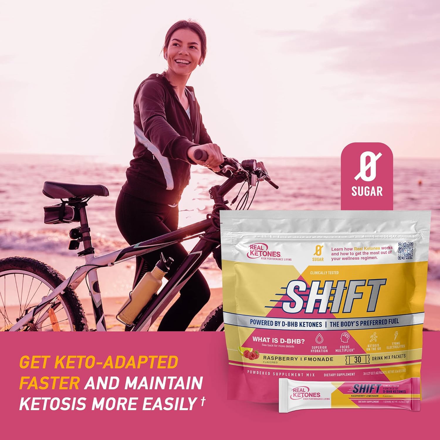 Real Ketones sachets framboise-citronnade usage quotidien sans sucre ajouté.