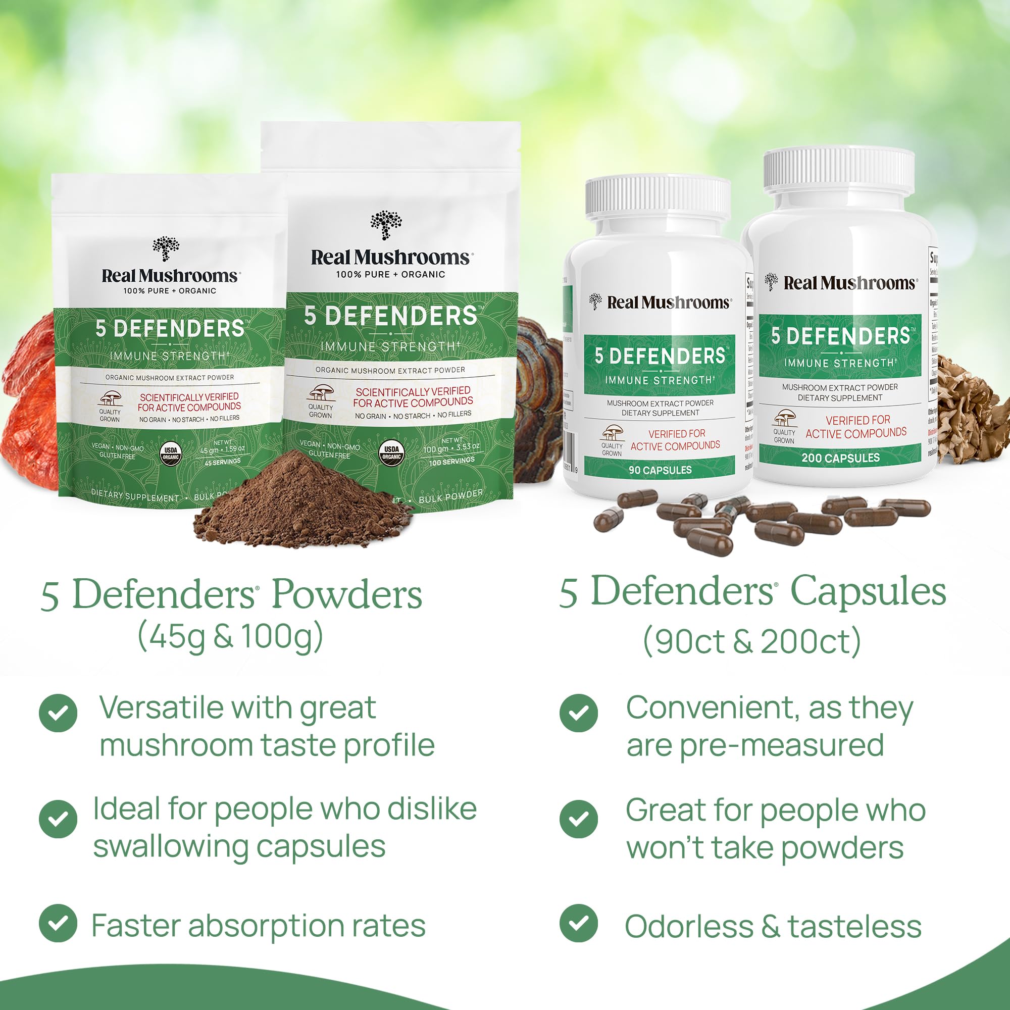Real Mushrooms 5 Defenders poudre bouteille: format pratique pour usage quotidien