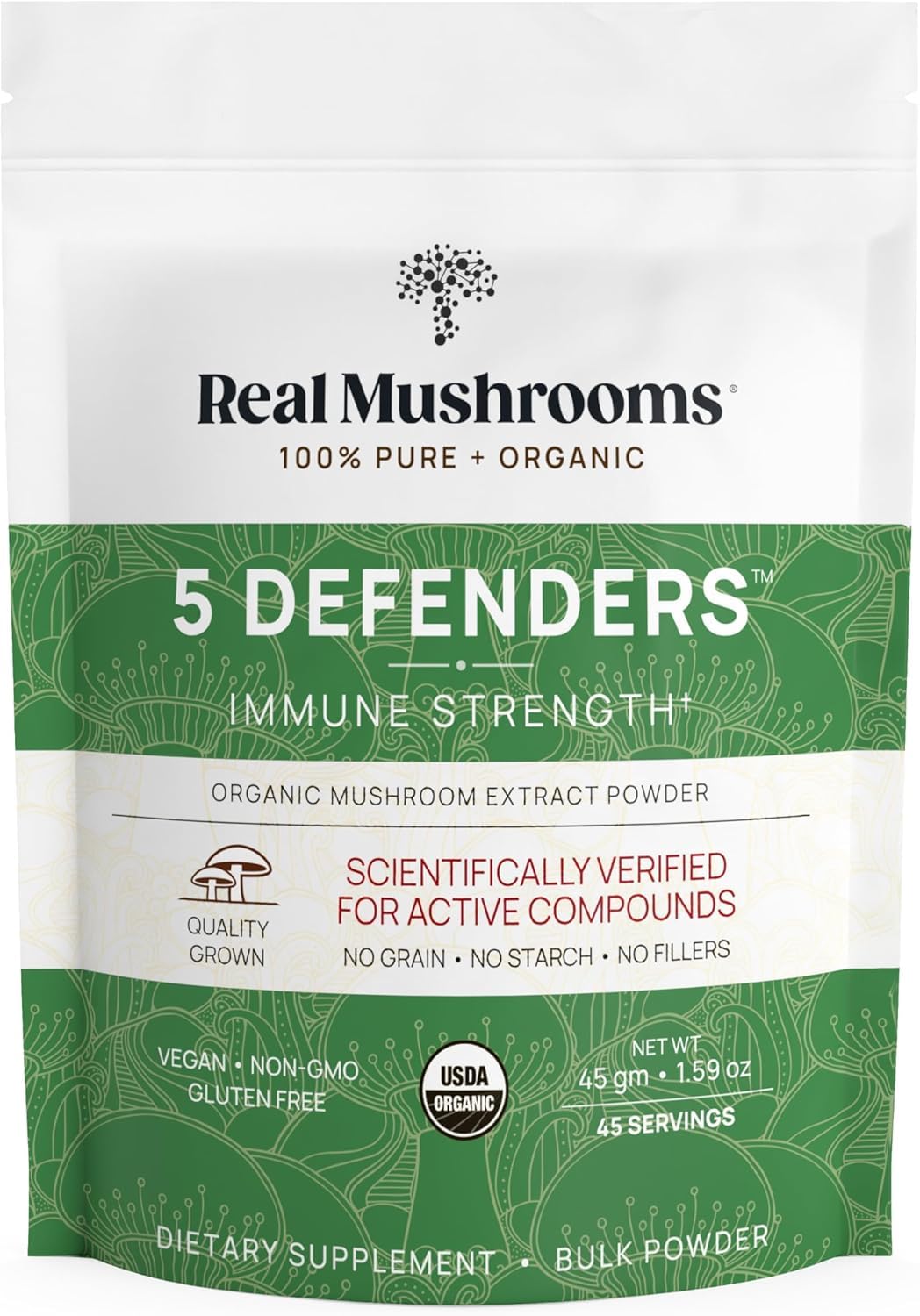 Real Mushrooms 5 Defenders poudre Chaga: soutien naturel quotidien sans remplisseurs