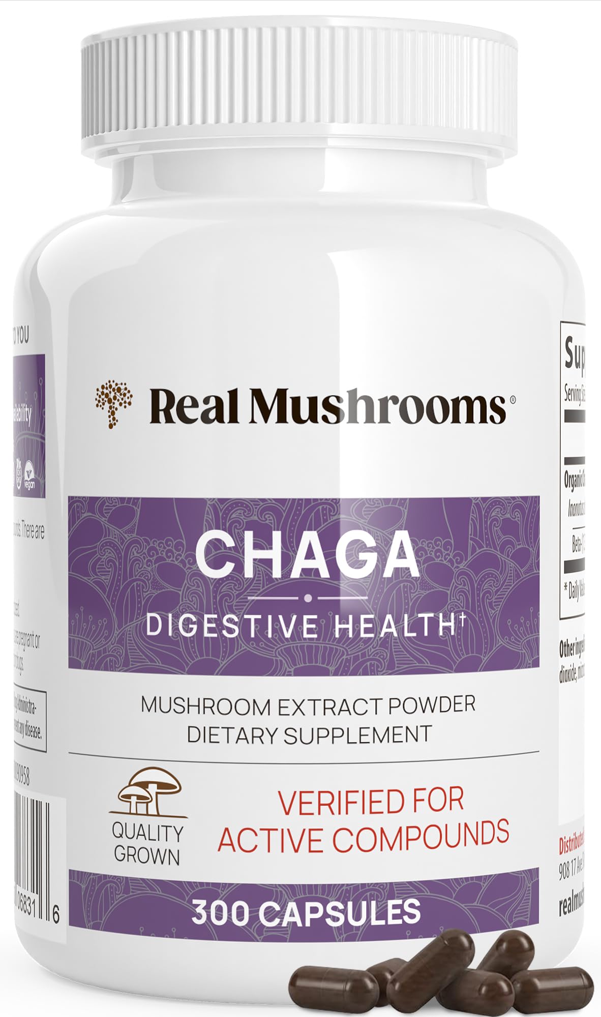 Real Mushrooms Chaga capsules sur flacon, énergie naturelle et routine quotidienne.