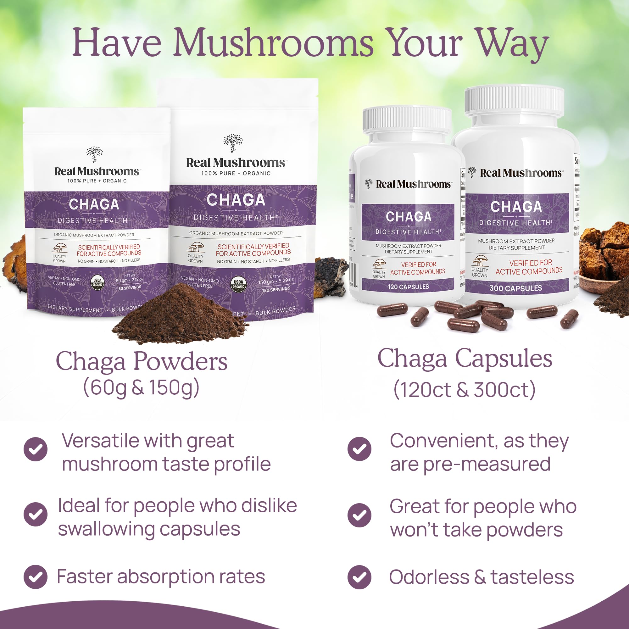 Étiquette Real Mushrooms Chaga, fabriqué aux États-Unis et ingrédients américains.