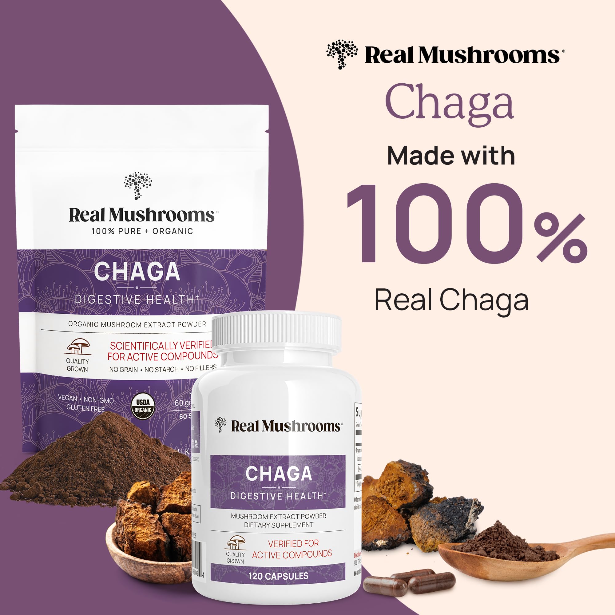 Capsules Real Mushrooms Chaga dans la main, prise facile et pratique.